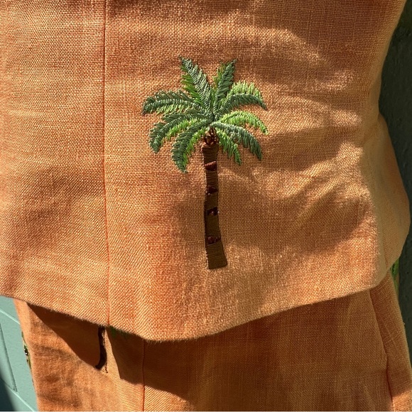 Jade by Melody Tam 100% Linen Embroidered Palm Tree Two Piece Set Size 4 - Picture 4 of 10